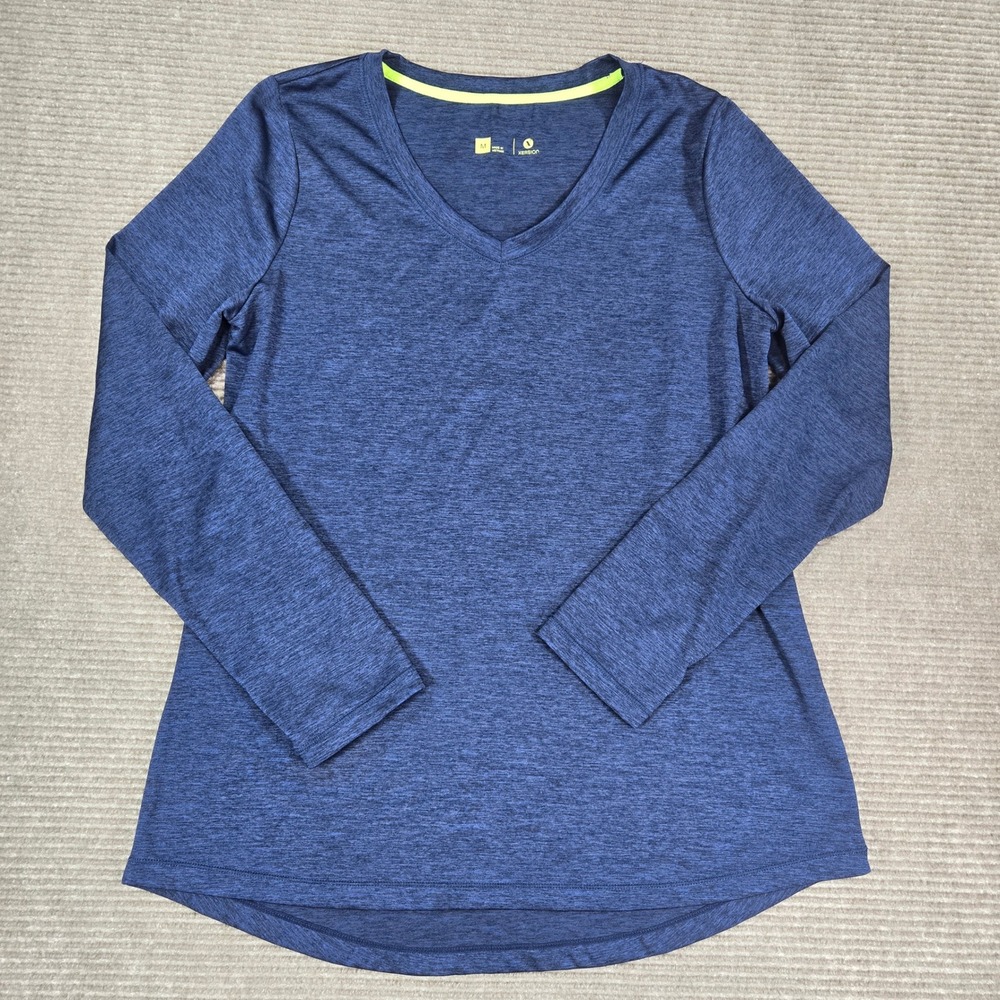 Xersion Womens Medium Navy Blue Heathered V-Neck Long Sleeve Performance Shirt